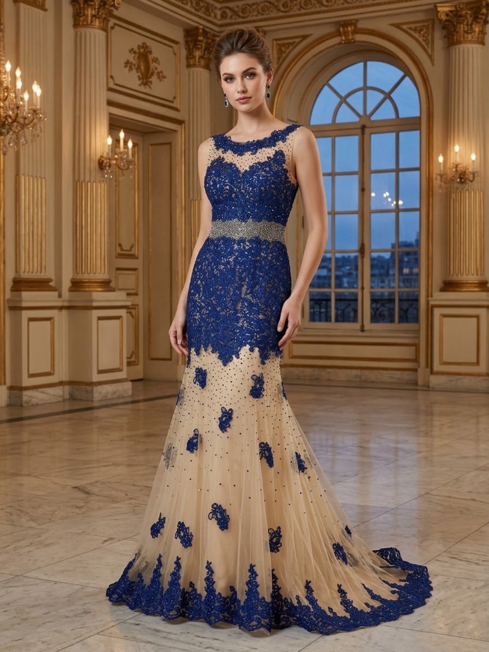 Dave & Johnny Navy and Nude Beaded Lace Mermaid Gown